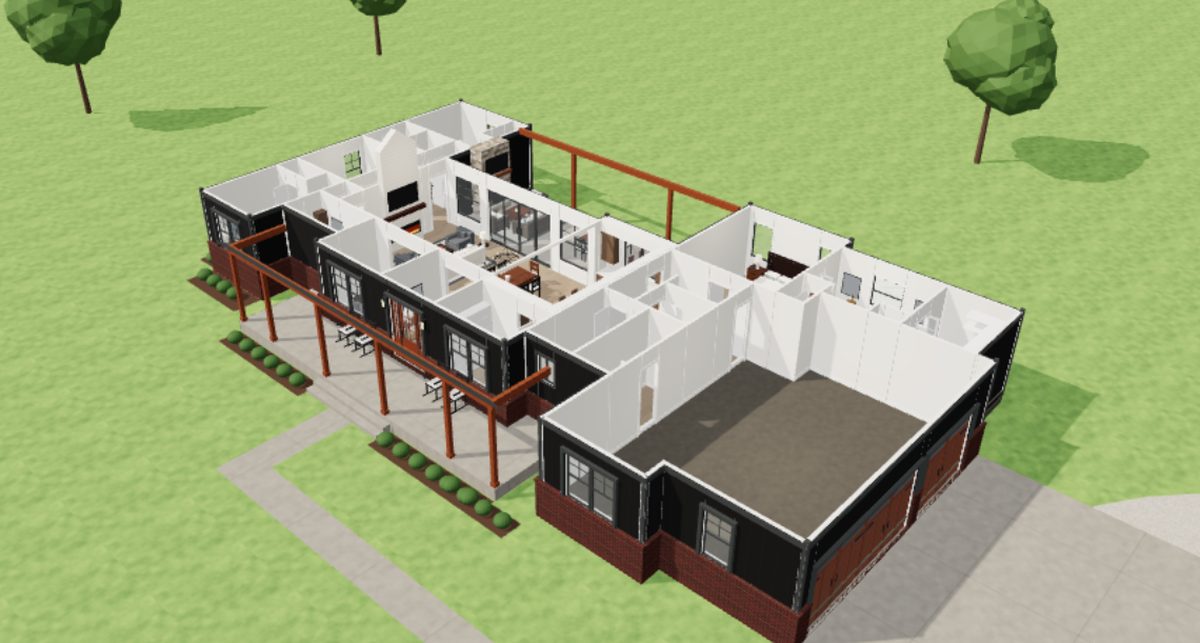 Roof-off aerial dollhouse view of a single-story home model showing every room, the covered porch and the garage