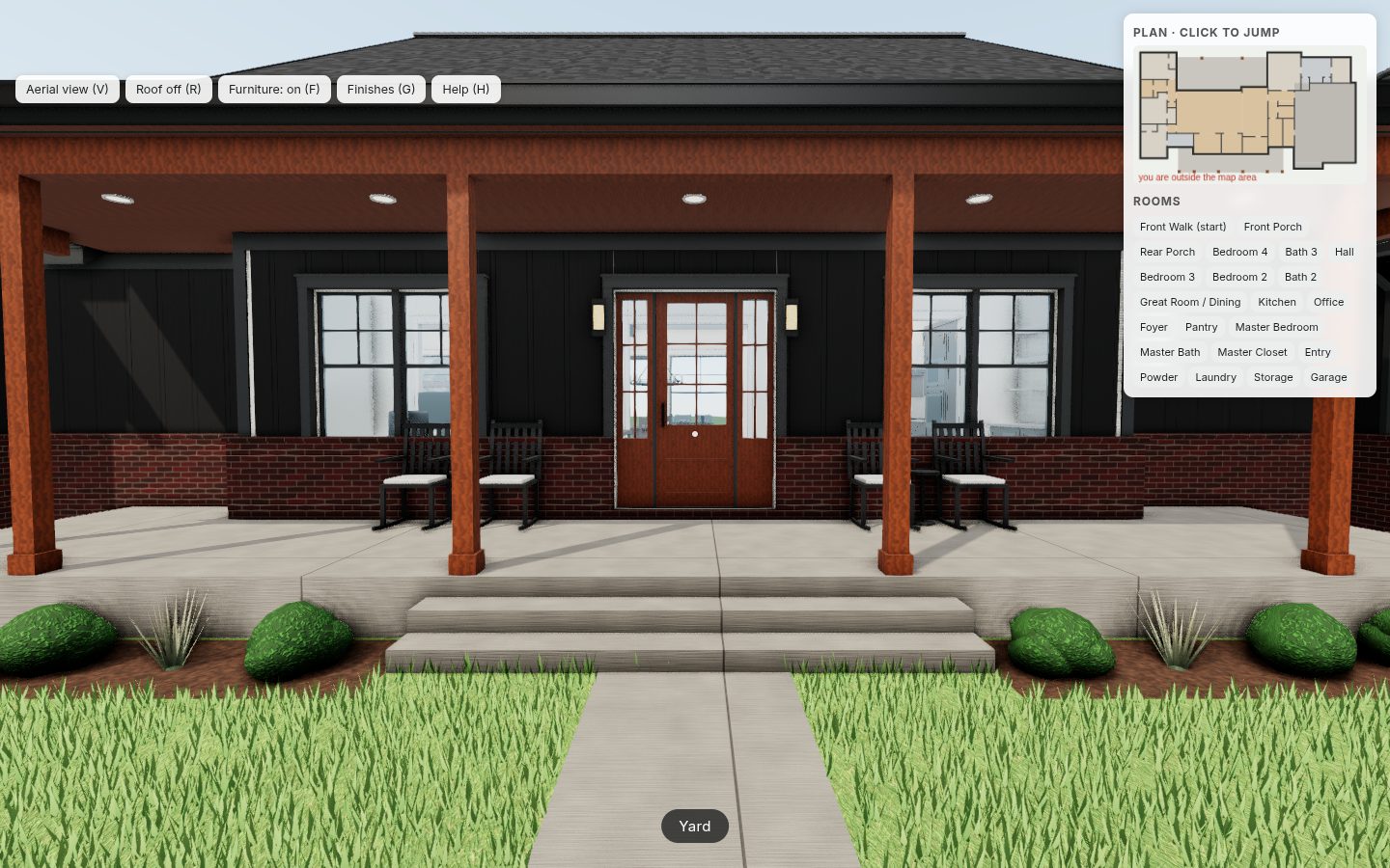 Walkthrough on a computer: front porch view with the floor plan and room list beside it, and view buttons along the top