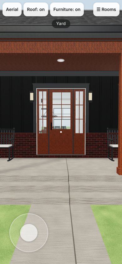 Walkthrough on a phone: touch controls with a thumb joystick in the corner and Aerial, Roof and Rooms buttons along the top