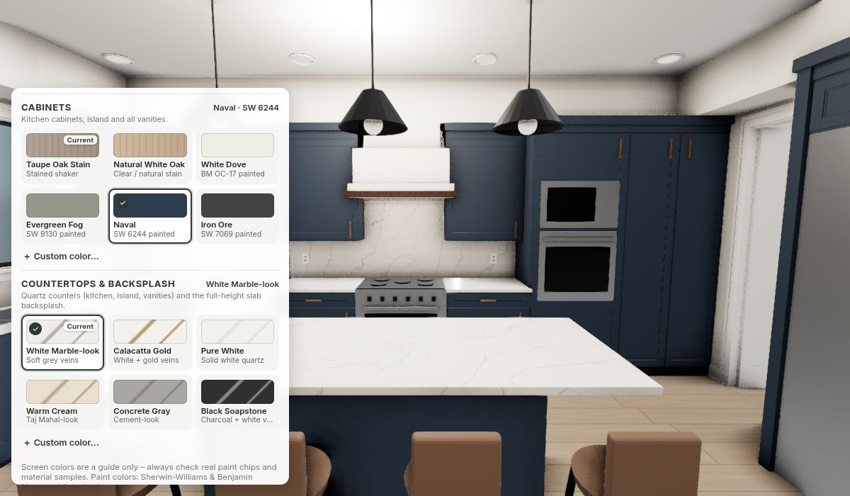 Finishes menu open over the kitchen, with cabinets switched to navy and countertop swatches shown