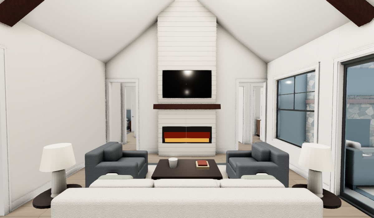 Great room with a shiplap fireplace wall, oak mantel, TV and linear fire, seen from behind the sofa