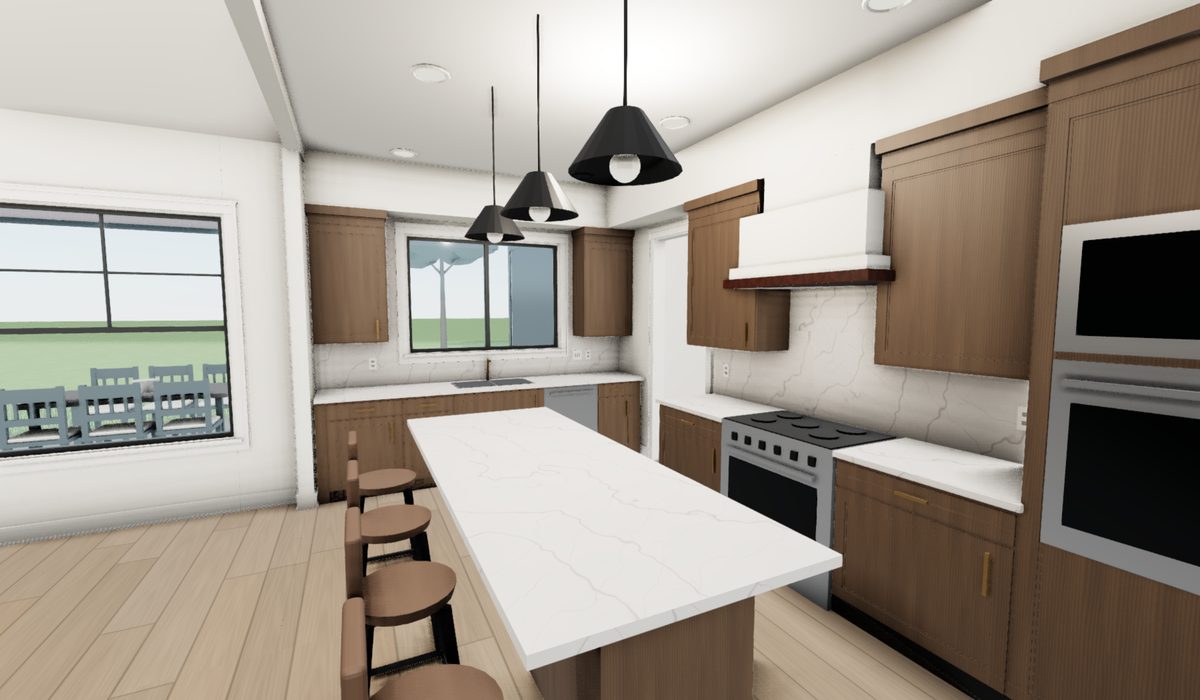 Kitchen with wood cabinets, a marble-look island with stools, pendant lights, range hood and wall ovens