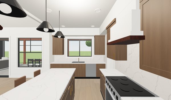 Kitchen with wood cabinets, marble-look counters, island and pendant lights