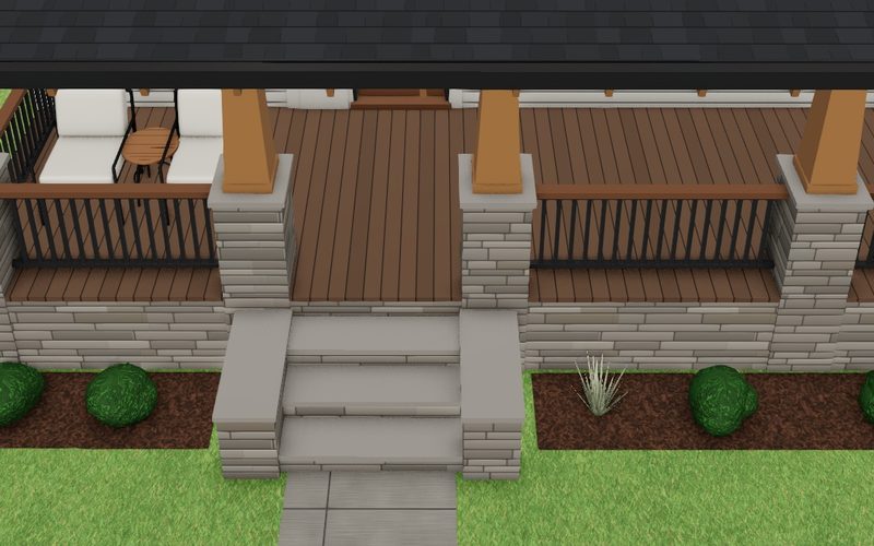 Chesterfield from above, looking down at the front porch with stone piers, cedar columns and wide front steps