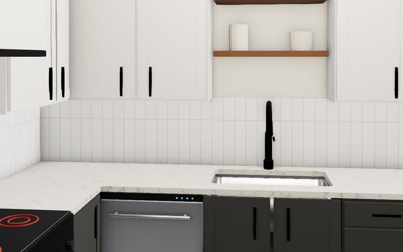 Chesterfield kitchen with white upper cabinets, open shelves, dark lower cabinets and a black pendant light