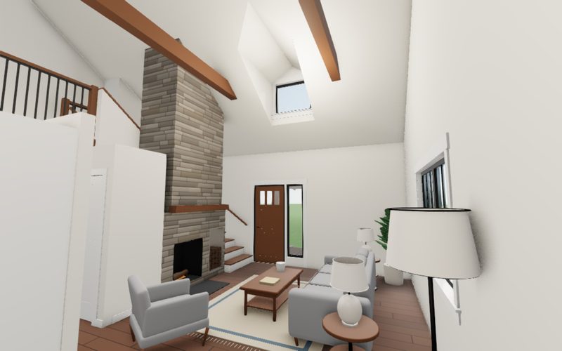 Chesterfield living room with a stone fireplace, sofa and vaulted beamed ceiling