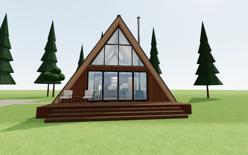 Echo House A-frame by day: a glass gable wall above a wide wood deck among the pines