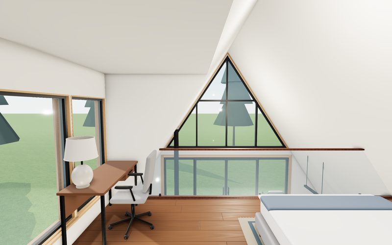 Echo House sunlit loft with a desk by the windows, looking toward the triangular gable window over a glass rail
