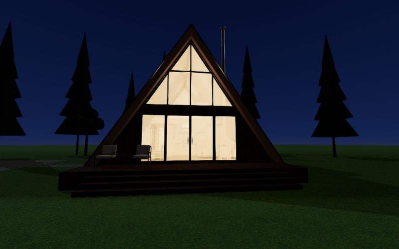 Echo House at night with the windows lit from inside