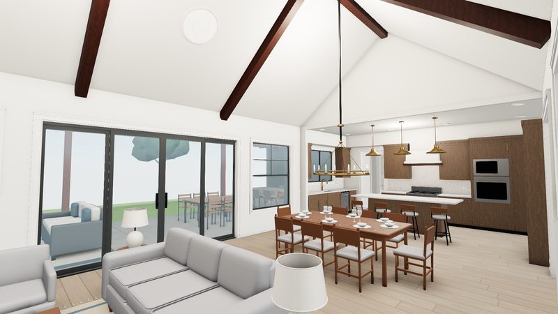 Iron Horse vaulted great room looking toward the dining table and kitchen