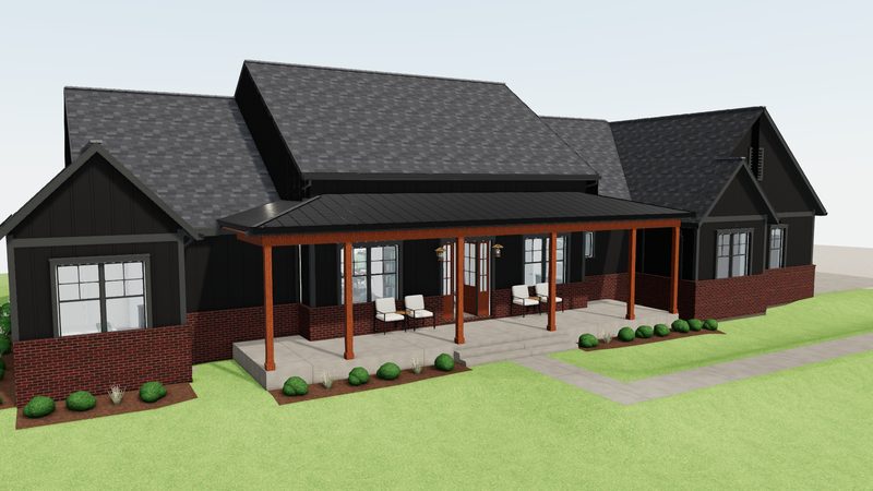 Iron Horse exterior: dark siding, a brick base and a long covered front porch with cedar posts
